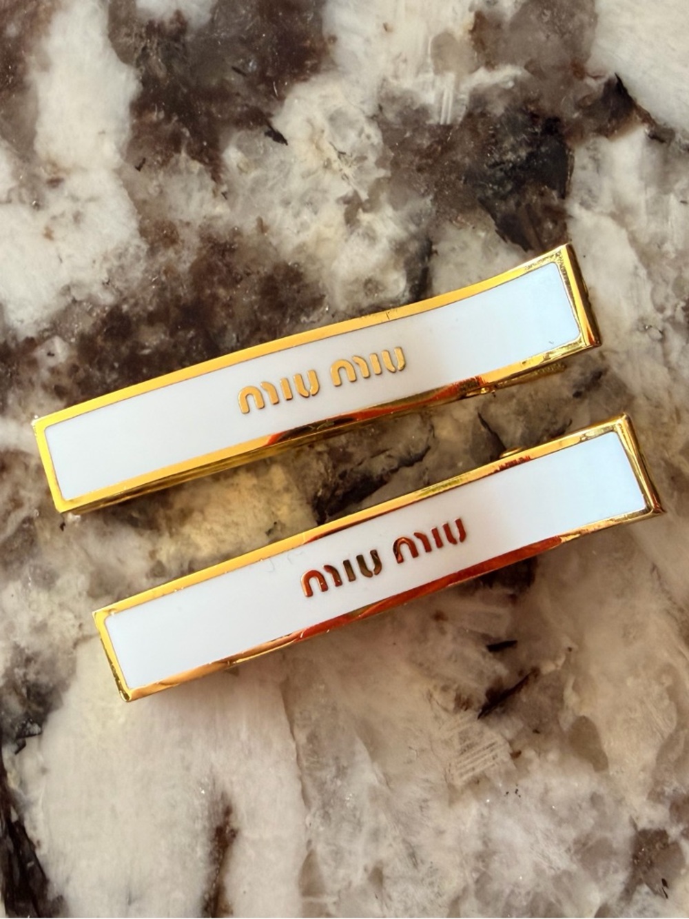 Miu Miu Gold-Tone Logo Hair Clips with White Enamel Detail